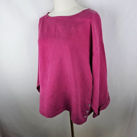 Bryn Walker Linen Tunic Top Sz Medium Fuchsia Pink Long Sleeve Lagenlook - Picture 2 of 10